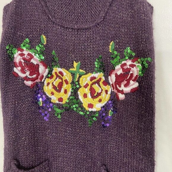 DESIGUAL purple knit acrylic wool floral embroidered sequin vest tunic sweater S - Picture 4 of 7